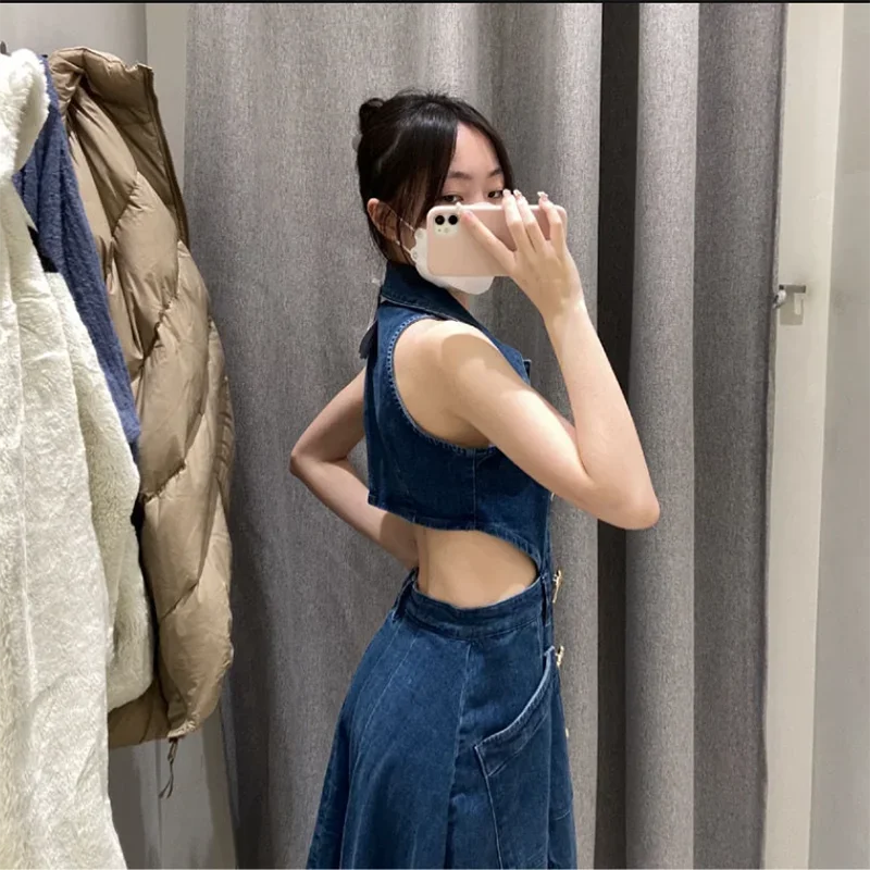 New Summer Backless Modified Jeans Dresses Women\'s Double Slit Dress Stand Collar Metal Button Slim Waist High-End Denim Dress