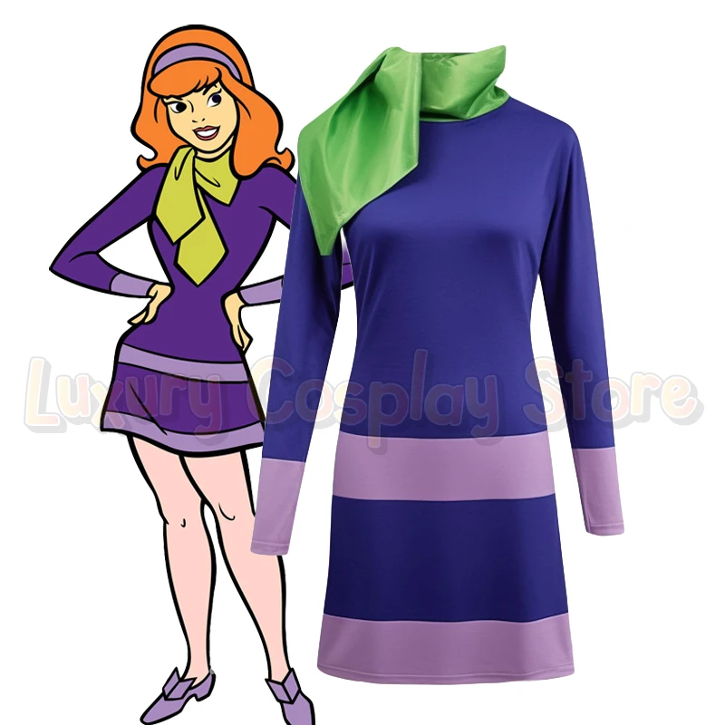 

Daphne Cosplay Blake Costume Cartoon Purple Dress Scarf For Women Long Sleeve Dress Halloween Party Carnival Clothes Outfit