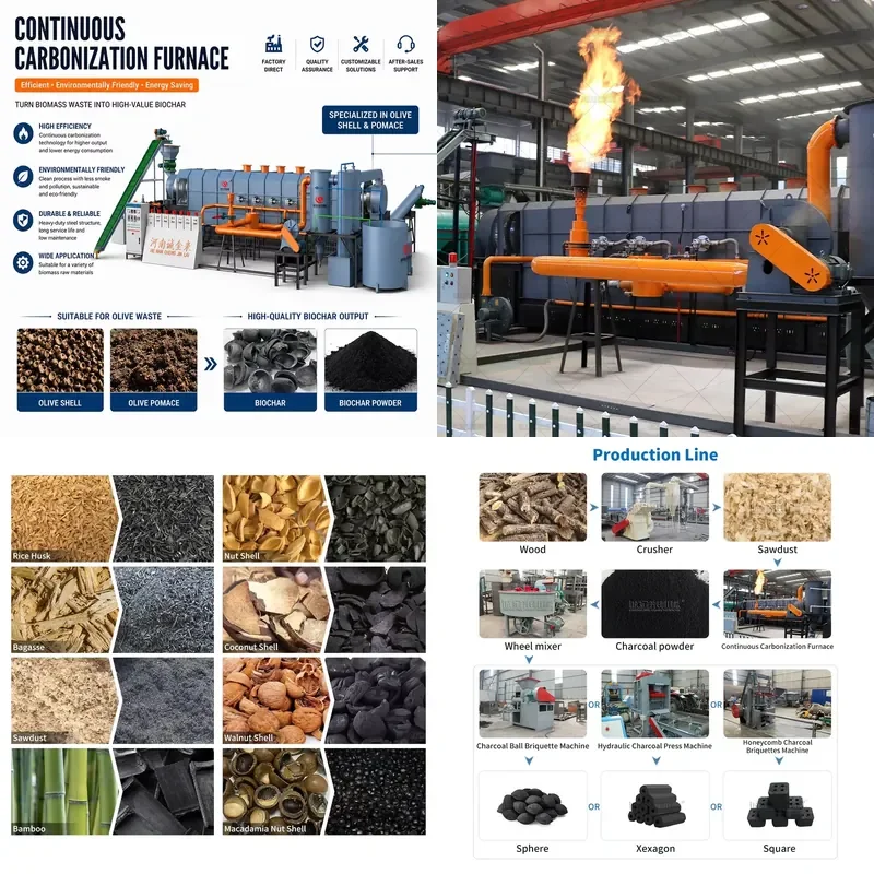 Smokeless Olive Shell Charcoal Briquette Production Line Biochar Pyrolysis Machine with Motor 500-900kg Capacity Factory