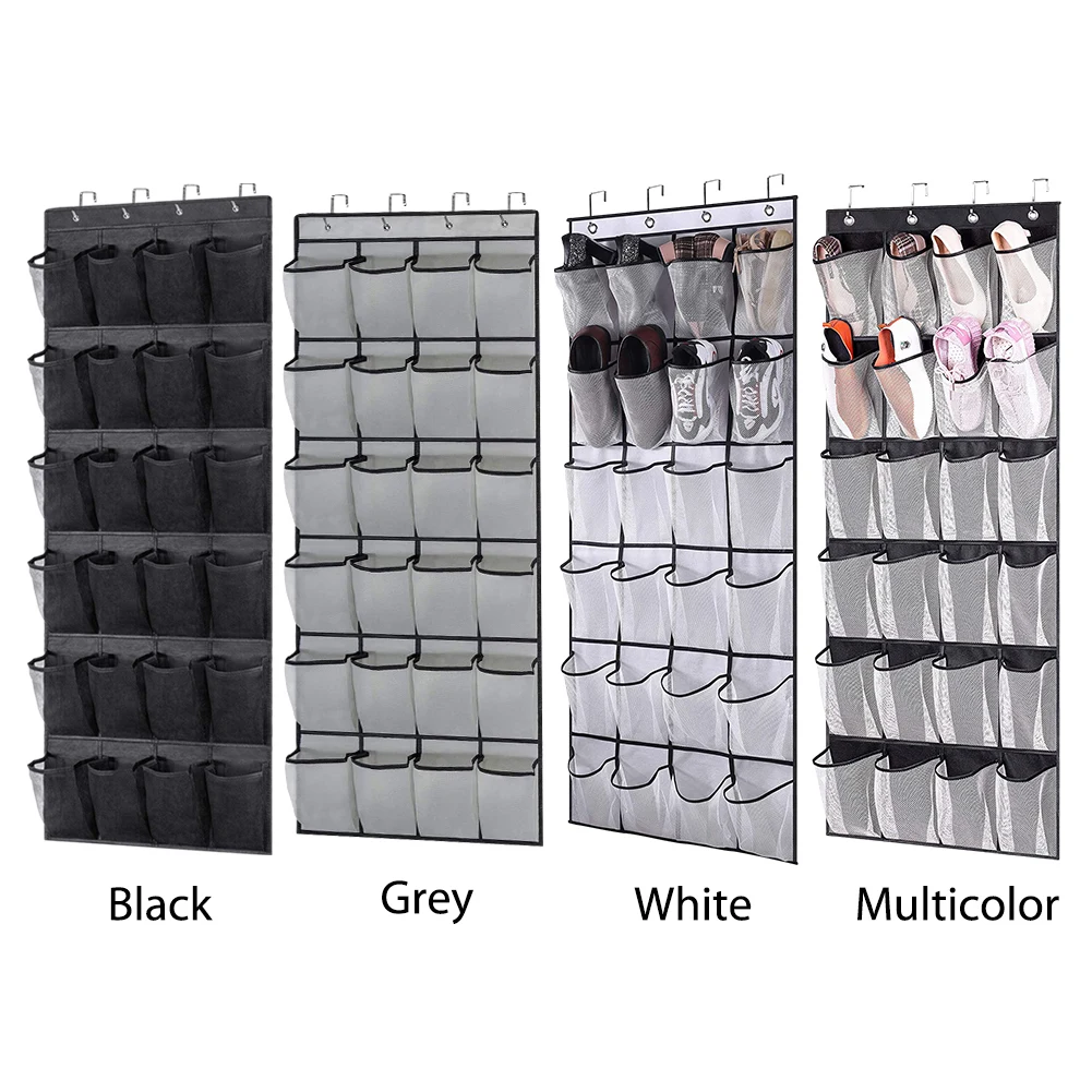

24 Pockets Wall Storage Bag Nonwoven Shoes Rack Storage Bag Clear View Pocket Room Shoes Slippers Storage Bag with 4 Metal Hooks