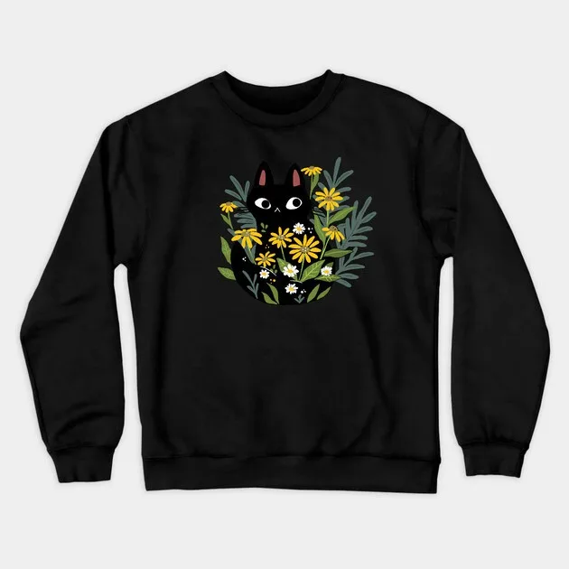 

Autumn and Winter Style Cute Cat & Flowers Sweatshirt, "Black Cat in Floral Bouquet" Graphic for A Trendy Look