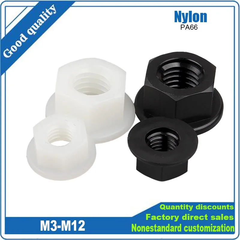 

10/50pcs M3 M4 M5 M6 M8 M10 M12 Black White Flat Bottom PA66 Plastic Nylon Insulation Hexagonal Hex Head Flange Nut DIN6923