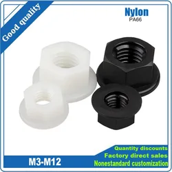10/50pcs M3 M4 M5 M6 M8 M10 M12 Black White Flat Bottom PA66 Plastic Nylon Insulation Hexagonal Hex Head Flange Nut DIN6923