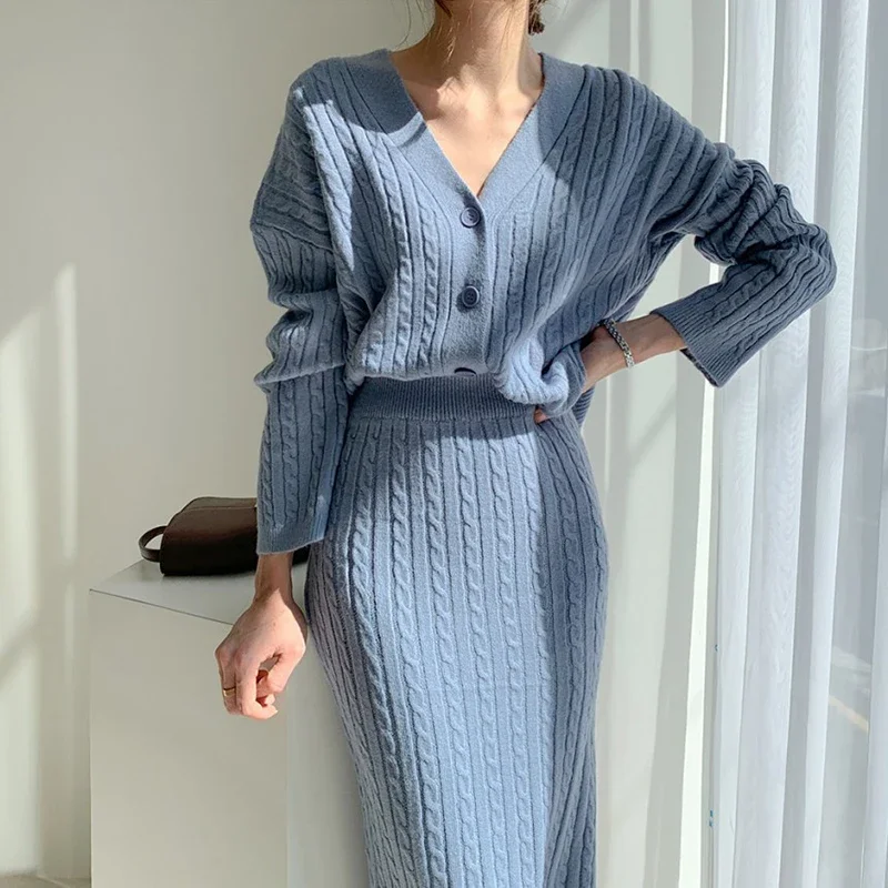

Women's Korean Fashion Knitted Hip Skirts 2 Piece Sets Casual Solid Color Knitted Sweater Cardigan Elastic Waist Half Skirt Suit