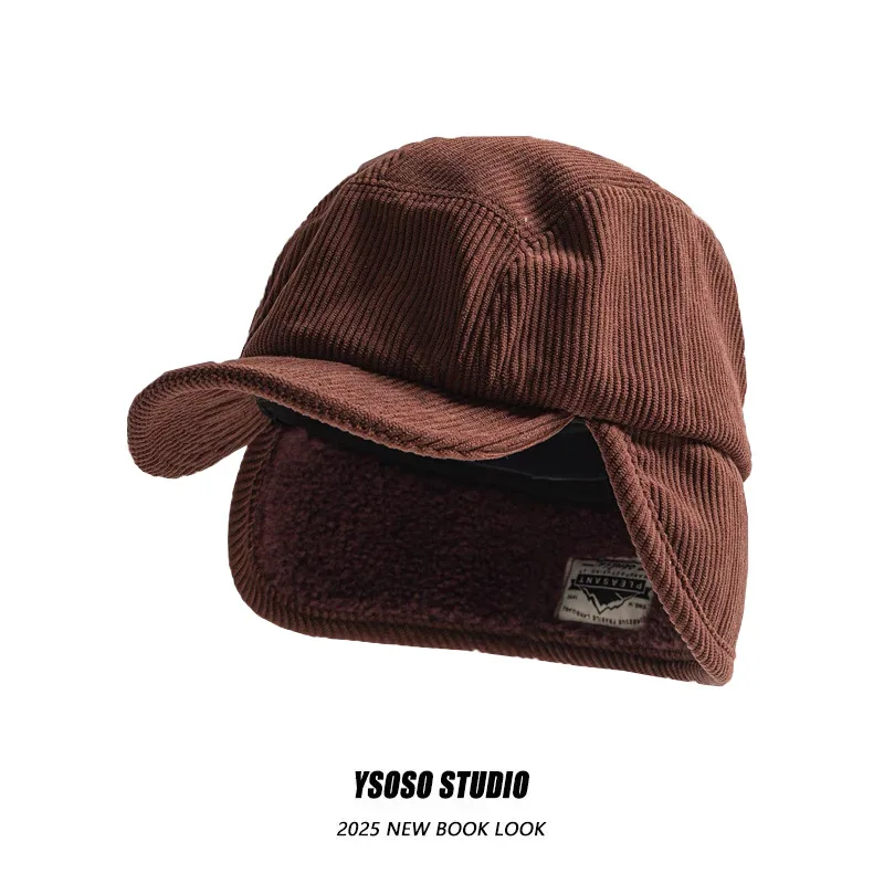 Vintage Corduroy Ear Protector Baseball Cap Men's and Women's Winter American Fleece Warm Soft Brim Cap Pilot Hat