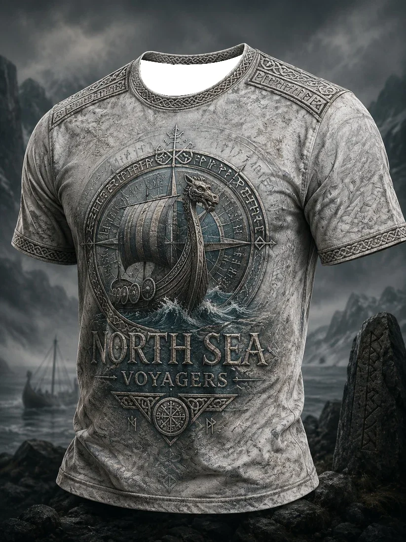 2027 Summer New Style Outdoor Men's Retro Danish Viking Style 3D Printed Breathable Quick-Drying T-Shirt Family Size Shirt Kids