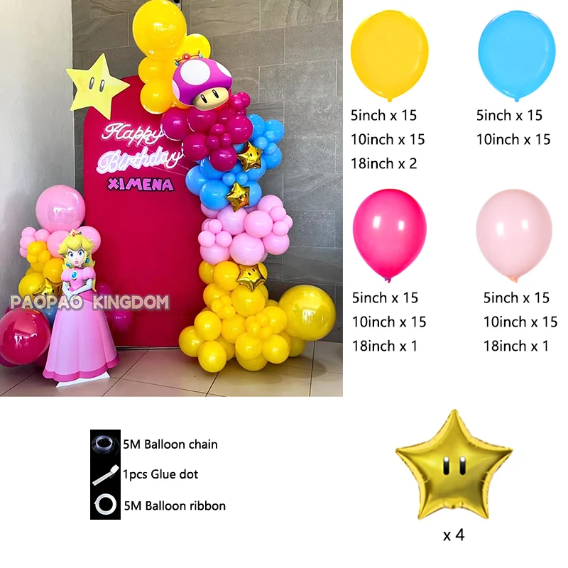 Princess Peach Mario Party Decoration Balloon Garland Arch Kit Colorful Latex Balloons Children Birthday Party Decor Baby Shower