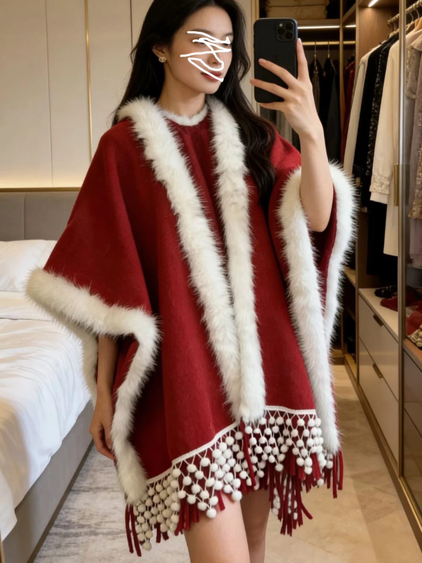 korean-style-thickened-winter-warmth-long-rectangular-shawl-women's-autumn-winter-red-fur-collar-tassel-cowl-neck-wrap