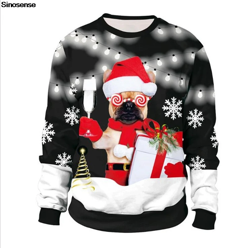 

Men Women Xmas Sweatshirt Pullover Holiday Party Jumper Tops 3D Christmas Dog Snowflakes Reindeer Print Ugly Christmas Sweater