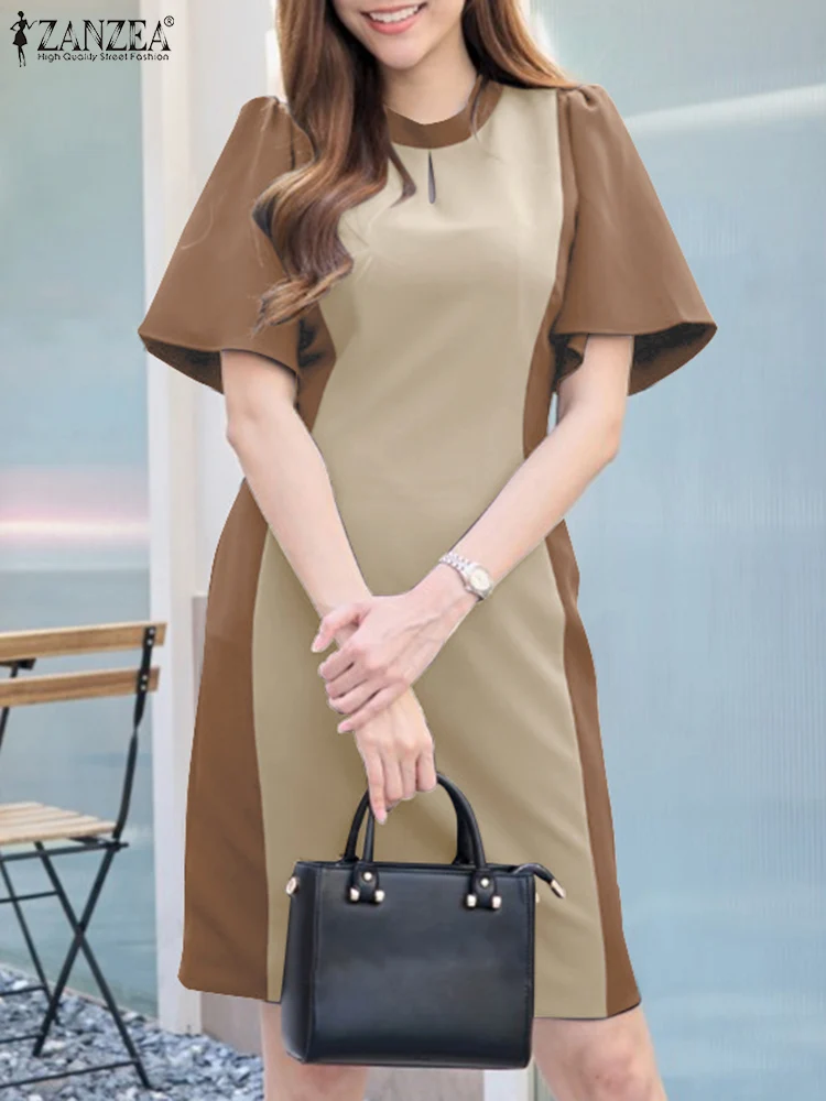 ZANZEA Elegant Wrap Hips Dresses Korean Women Office Dress 2025 Summer Fashion Patchwork Vestidos Vintage Puff Short Sleeve Robe