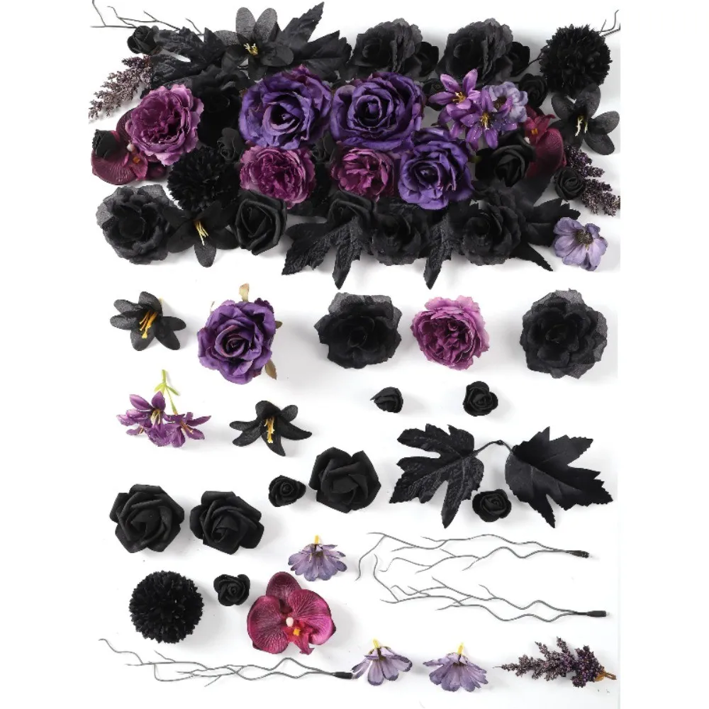 25 Stück Schwarz-Lila Künstliche Blumenköpfe Rose Orchidee Gänseblümchen für Halloween Tischdekoration Dunkle Hochzeit Gothic Dekor Vasen-Accessoire – Detail 4