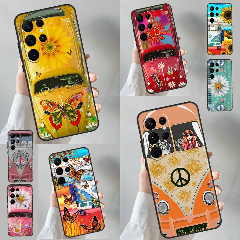 Hippie Peace Bus and Sunflower Case For Samsung Galaxy S23 Ultra S24 S22 Note 20 10 Plus S8 S9 S10 S21 S20 FE Back Cover