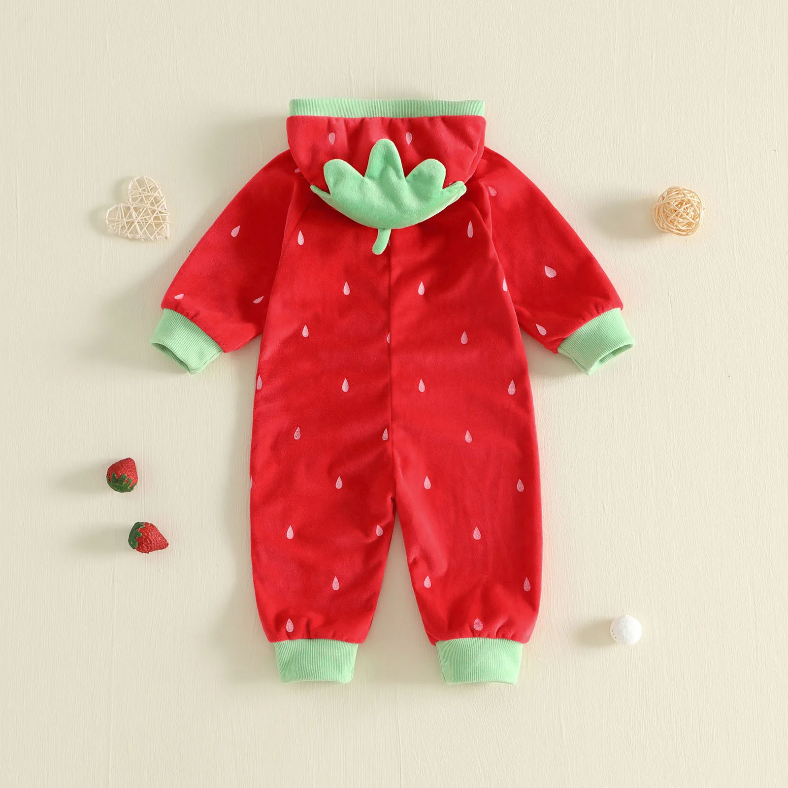 0-4Y Winter Autumn Toddler Baby Girl Strawberry Costume Fleece Long Sleeve Velvet Hooded Jumpsuit Overalls Halloween Clothes