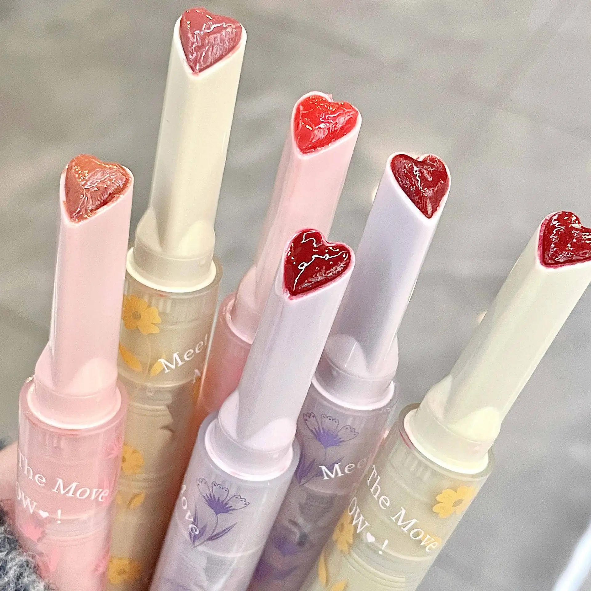 Jelly Lip Glaze Flower Mirror Water Lipstick Heart-shaped Lip Gloss Moisturising Lipstick Pen Waterproof Non-stick Cup Korean