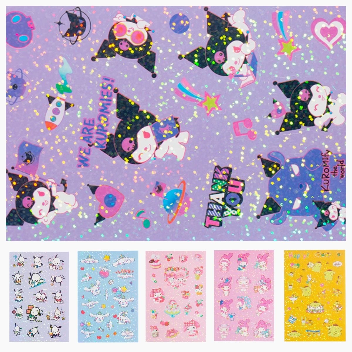 5pcs Sanrios Stickers Glitter Flash Anime Hello Kitty Kuromi My Melody Cinnamoroll Pochacco Diy Stationery Waterproof Decal Toys