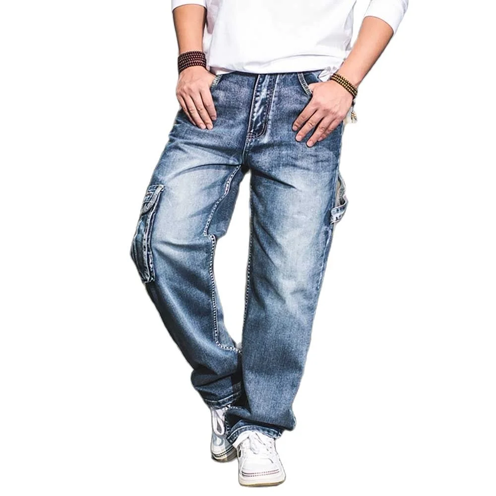 Trendy Loose Baggy Harem Jeans Men Casual Cargo Pants Wide Leg Big Pocket Hiphop Denim Plus Size Trousers Man Clothing