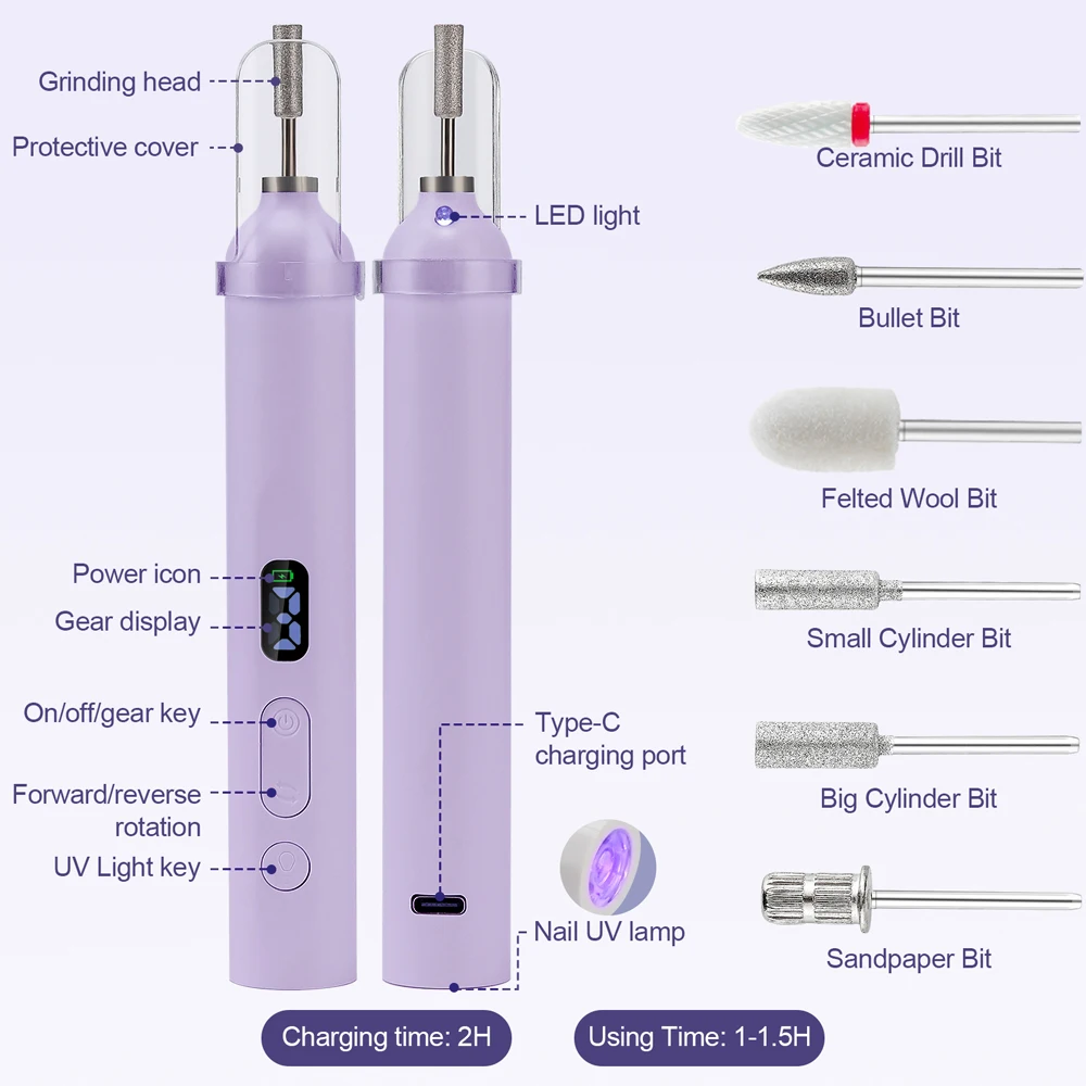 لاسلكي صغير مسمار الحفر القلم 2-IN-1-UV مصباح مجفف الأظافر مانيكير طلاء الأظافر القلم قبضة USB قاطعة المطحنة UV جل مزيل