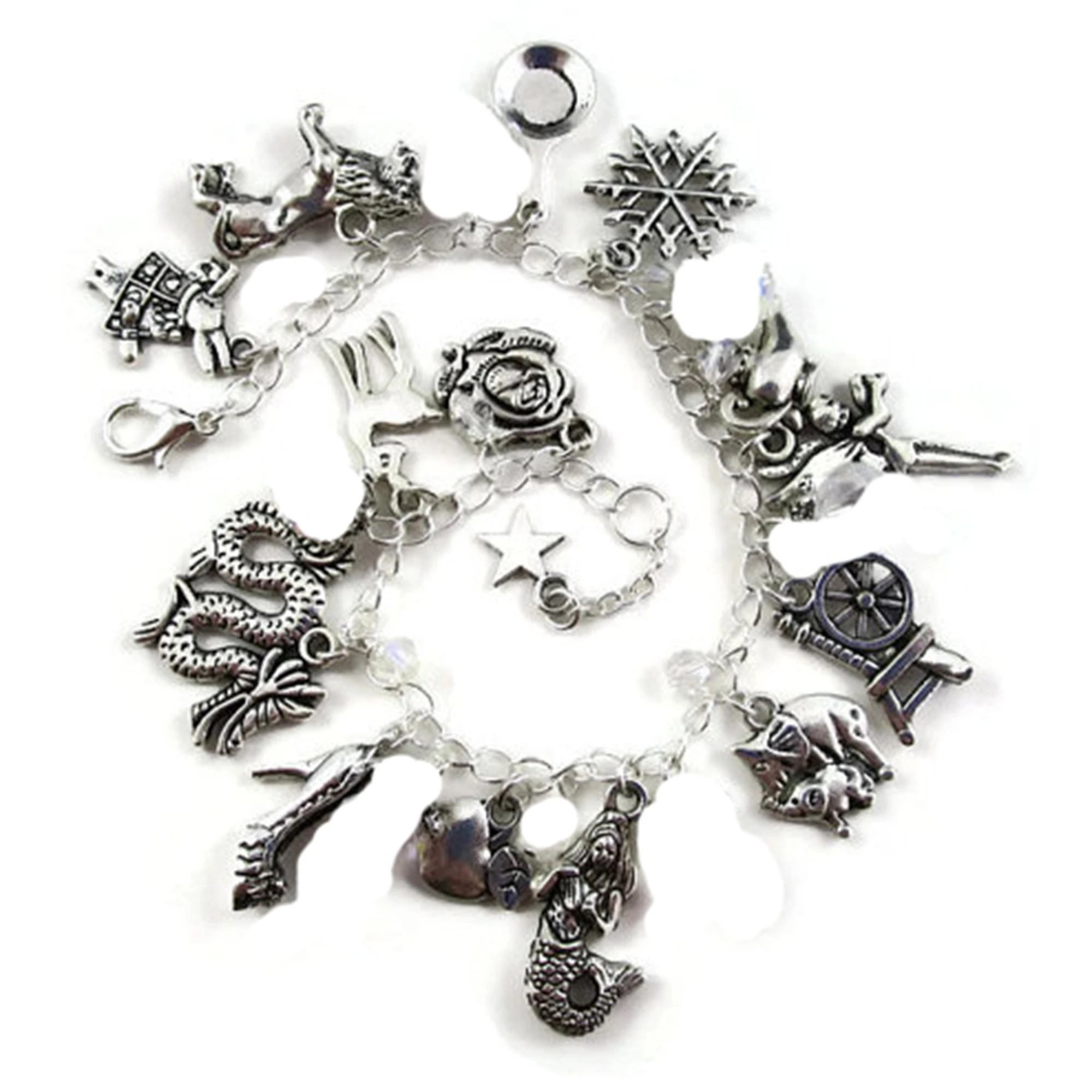 

12pcs Fairytale Deluxe Charm Bracelet Rose Fawn Dragon Apple Adjustable Silver Tone