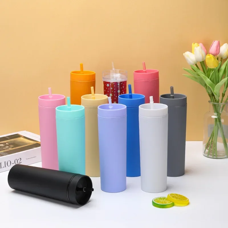 Hot Sale 16 oz 460ml Acrylic Slim Skinny Tumbler Colorful Matte Water Bottle With Lid Straw Double Wall For New Year Party Gifts