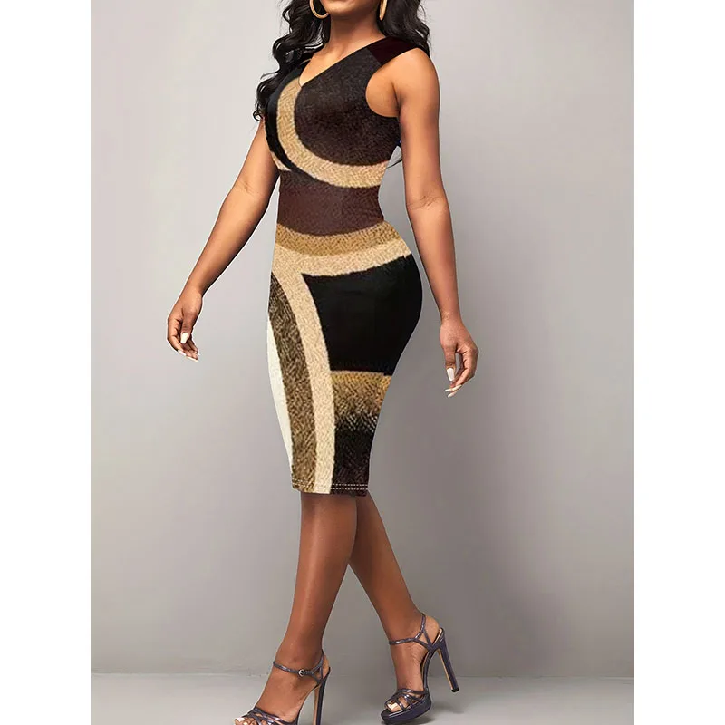 3D Printing Office Lady Sundress Women Sleeveless V Neck Dress Elegant Commuting Slim Dress Up Casual Fashion Summer New Wear