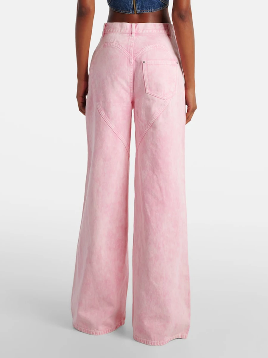 VGH High Street Spliced Diamonds Denim Trousers for Women High Waist Hollow Out Patchwork Pocket Wide Leg Pants  Female Style