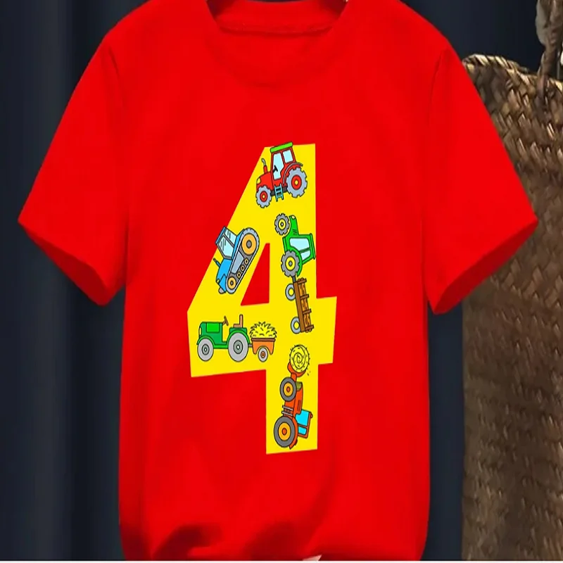 2026 New Kids Clothes 4th Birthday Gift Famer Tractor Excavator Printed T Shirt Boys White/Red/BlackT-Shirt Summer Tops T-Shirt