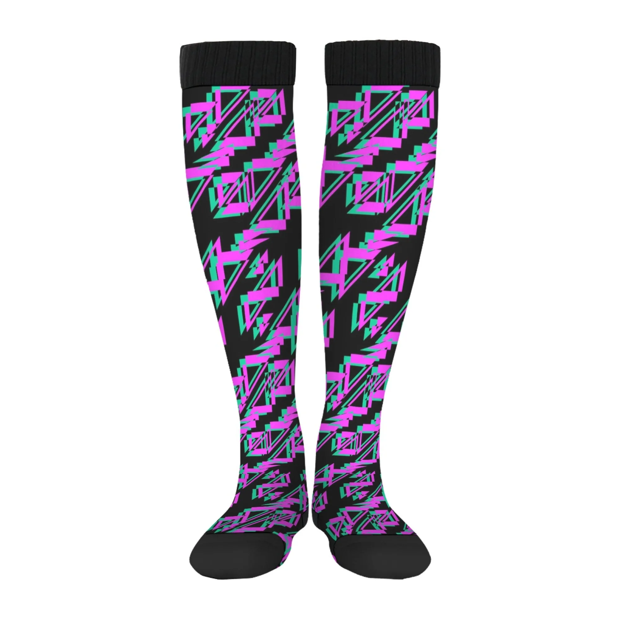 Neon Purple-Green Geometric Patterned Knee-high Socks on Black - Vibrant Blocks Symmetric Designs for Statement-Making Layers