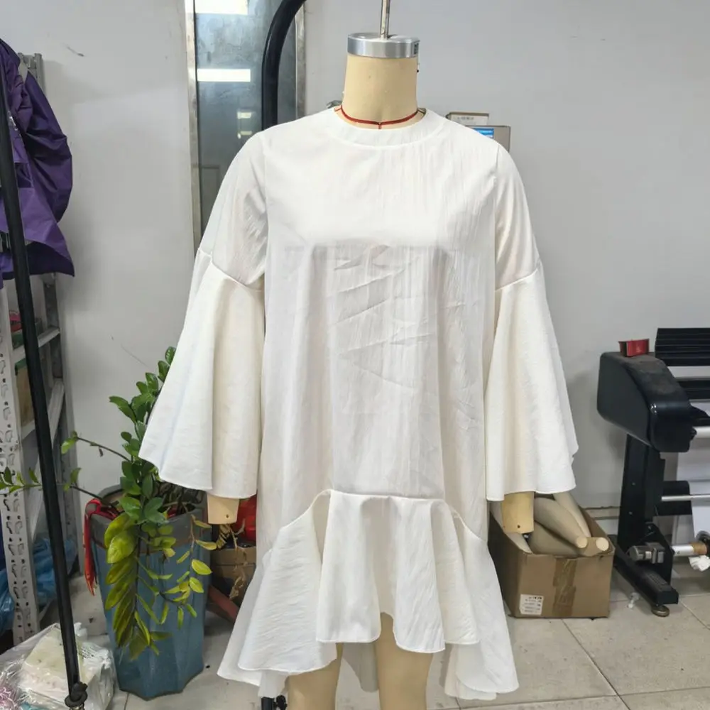 Womens Summer Elegant Chiffon Dress Solid Color O Neck Bell Sleeve Ruffle Loose Fit Asymmetric Hem Casual Party Evening