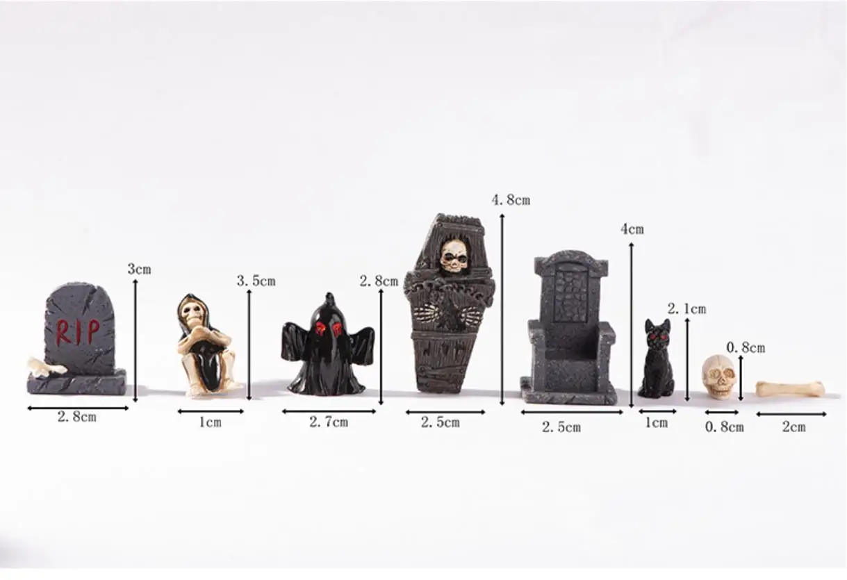 100pcs New Mini 3D Horror Halloween Raven Tombstone Skull Series Resin Hallowmas Doll House DIY Accessories