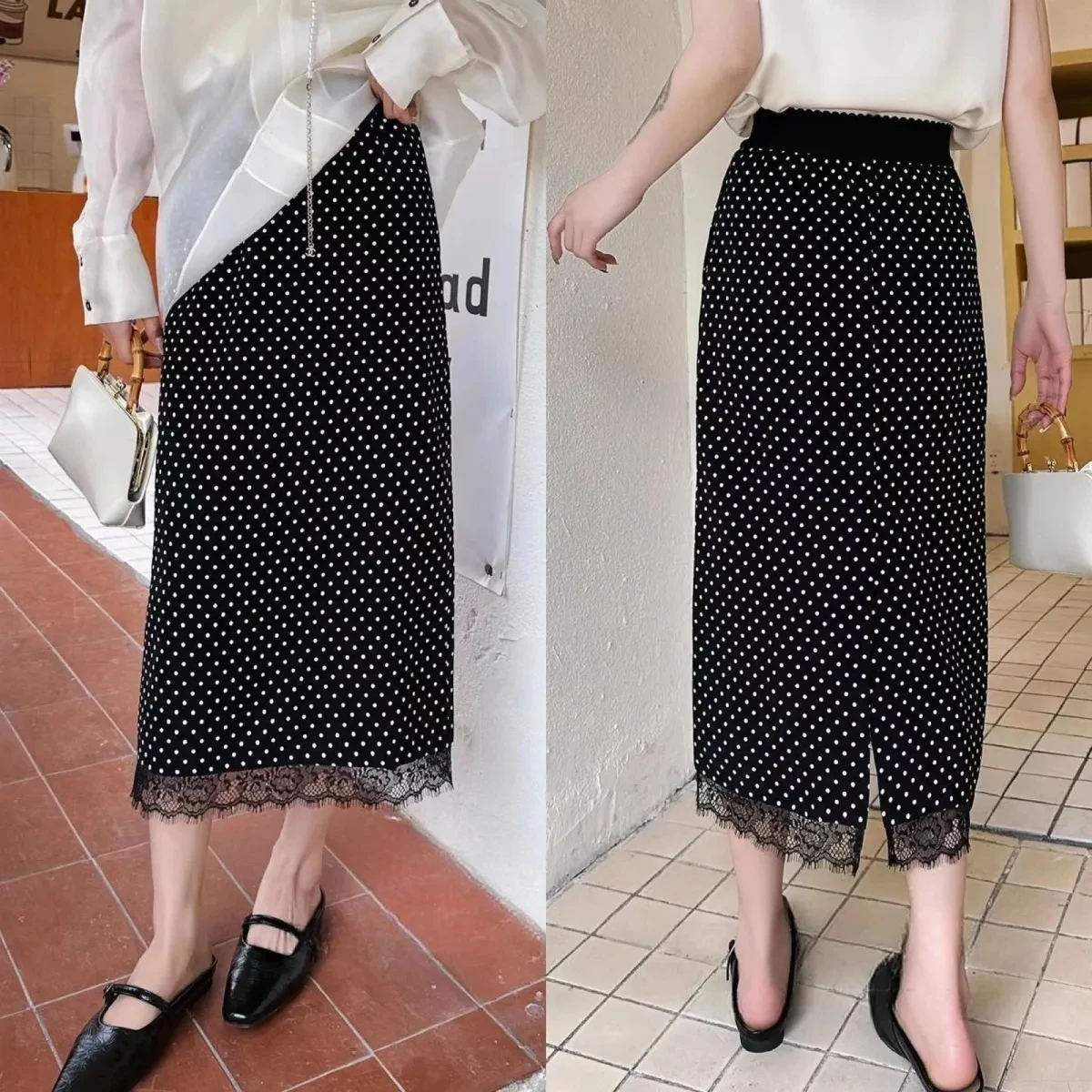 2024 Spring Summer New Wave Dot Skirt, Hip Wrapping Skirts, Women's Clothing, Elegant Casual Splicing Lace Split Skirt