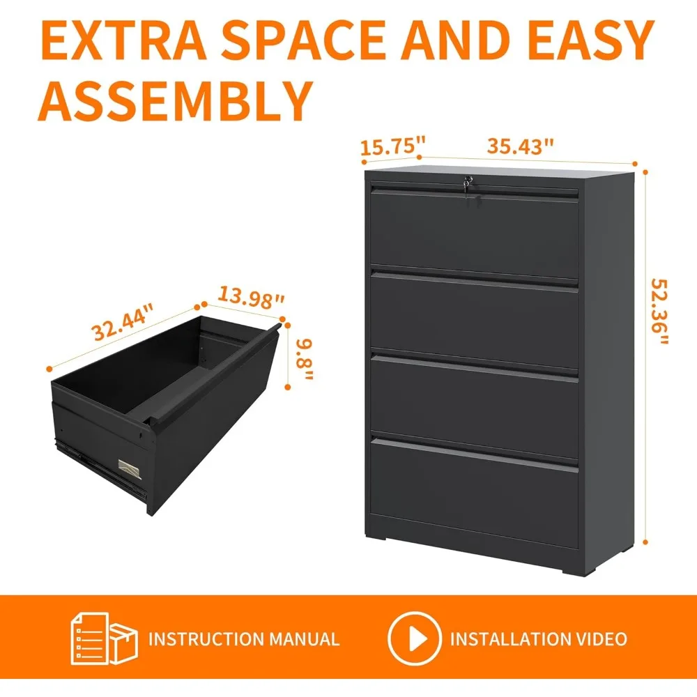 Drawer,Metal Office Storage Filing Cabinet with Lock,Black Lateral Filing Cabinet for Home Office,Horizontal Locking