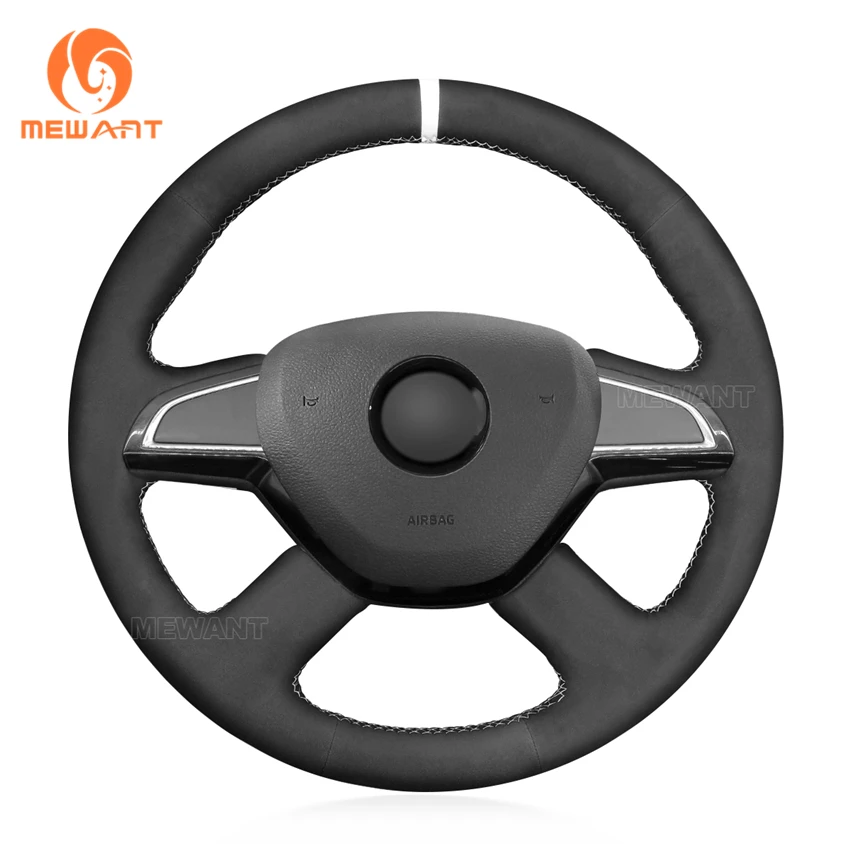 

MEWANT Black Genuine Leather Suede Car Steering Wheel Cover for Skoda Citigo Fabia Superb Roomster Rapid Octavia 2013 2014-2015