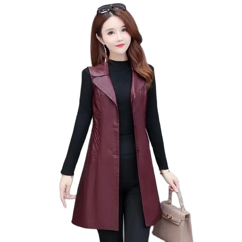 2023 New Women Leather Vest Mid-Length PU Leather Vest Waistcoat Spring Autumn Sleeveless Slim Casual Jacket Outerwear Female