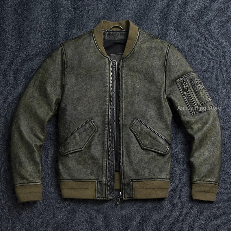 

2025 New Retro Men's Leather Jacket Spring Army Green MA1 Flight Suit Natural Cowhide Short Coat Motorcycle Riding Clothes