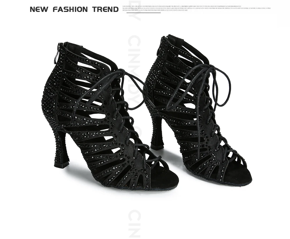 CINMIDY Schwarze Tanzschuhe für Damen Tango Salsa Latein Tanzschuhe Kubanischer Absatz Ballsaal Tanzstiefel Rote Partyschuhe zum Tanzen – Detail 3