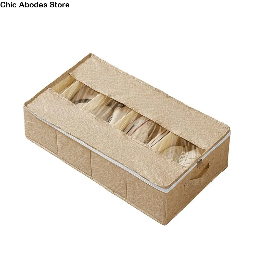 

Moisture-proof Under Bed Storage Bag Zipper Closure Breathable Cotton Linen Shoe Case with Handle Space-Saving