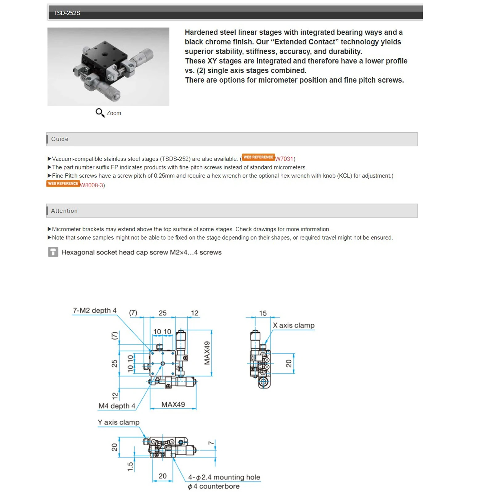 XY Axis TSD-252S Optical Mobile Tuning Manual High Precision Micrometer Drive Sliding Table Steel 25 * 25mm