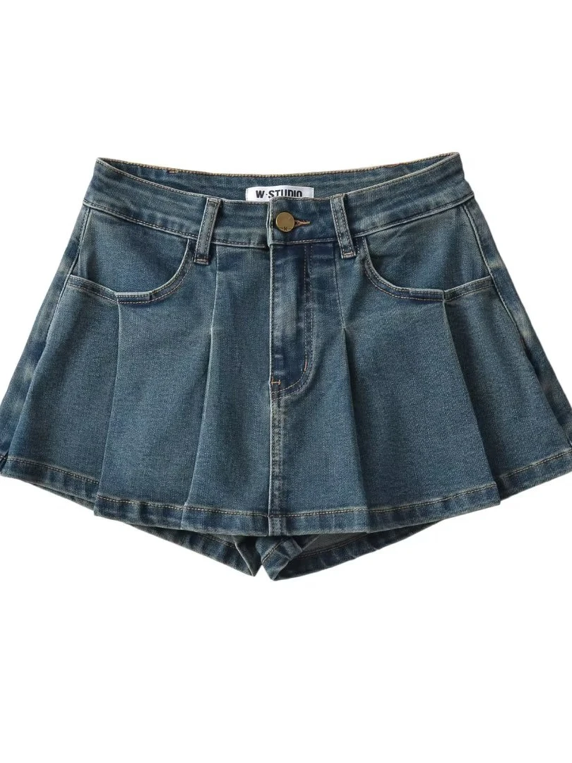Sexy High Waist Distressed Denim  Skirt Anti-Light Slip Protection Hong Kong Style Long Leg Illusion Pleated Short Skirt