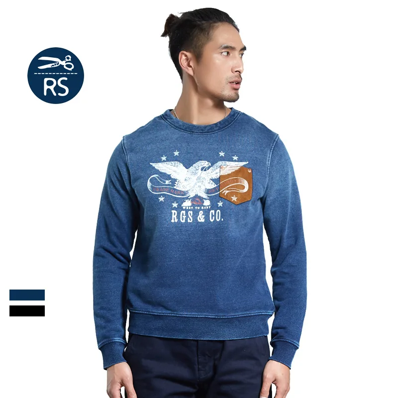 치구 남성용 아메리칸 레트로 핸드 다잉 블루 풀오버 남성용 스웨트셔츠 이글 배색 포켓 재킷