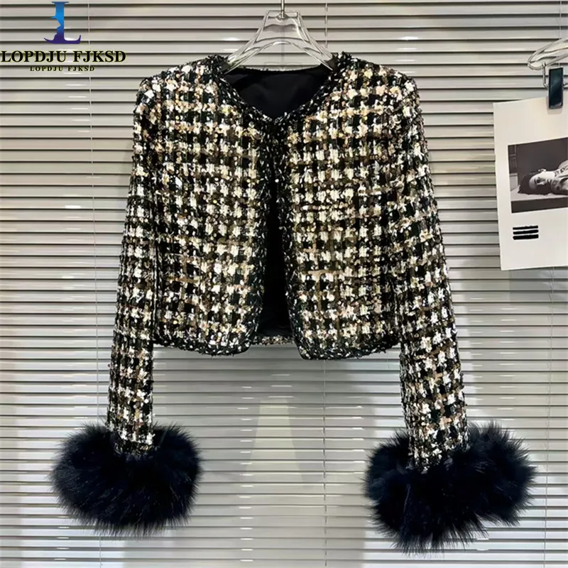 Women's Single Breasted Jackets,Elegant Spliced Coat,Female Tweed Tops,Sequins,Fur Cuffs,Spring and Autumn Clothing,2025