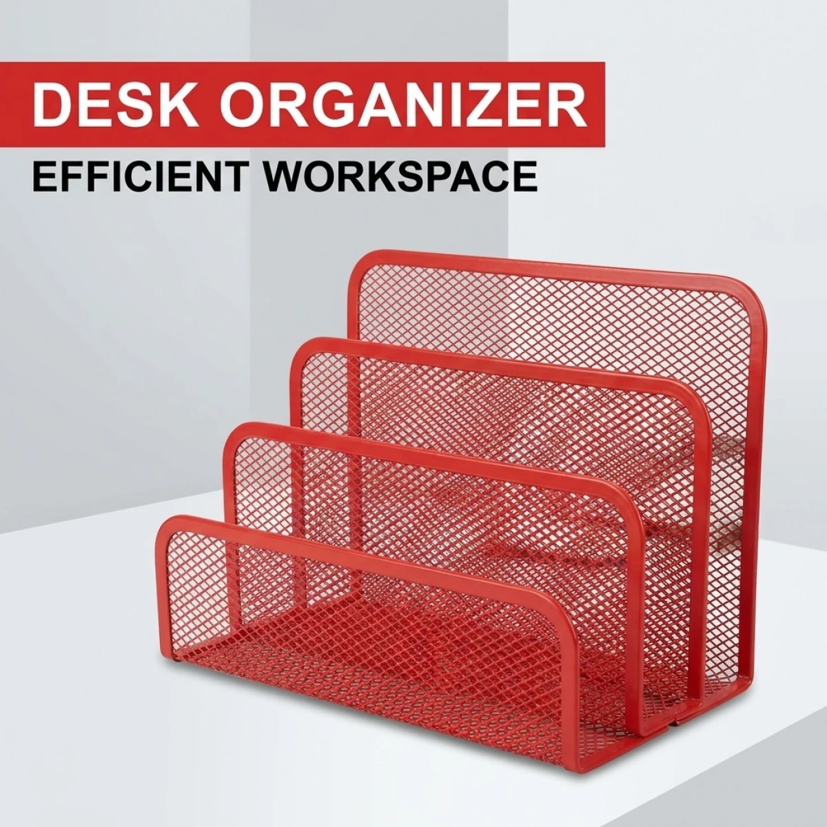 Red Mesh Desk Organizer – Stylish & Compact, Saves Space, Anti-Rust Metal, Stepped Design for Easy Access