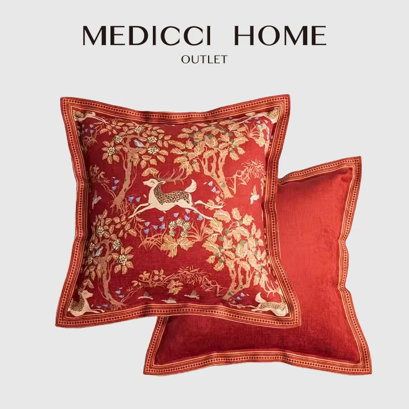 Medicci Home Autumn Trees And Reindeer Decorative Cushion Cover Upscale Pillowcase Retro Christmas Holiday Atmosphere Home Decor