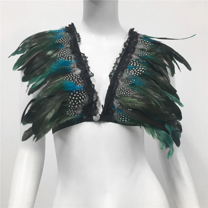 Halloween Rave Women Festivals clothing  tomanrolland Feather Tank Top Punk Crop Tops Body Harness Bra Sexy Lingerie Women