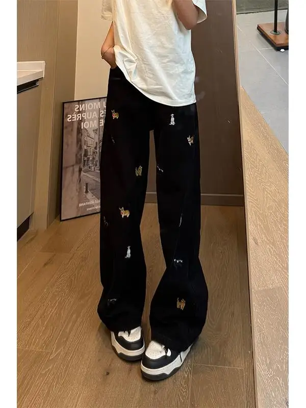 

Loose Straight Leg Men's Jeans Fun Embroidered Bla Dog Design Casual Summer Jeans mid Waist Long Trousers American Sle