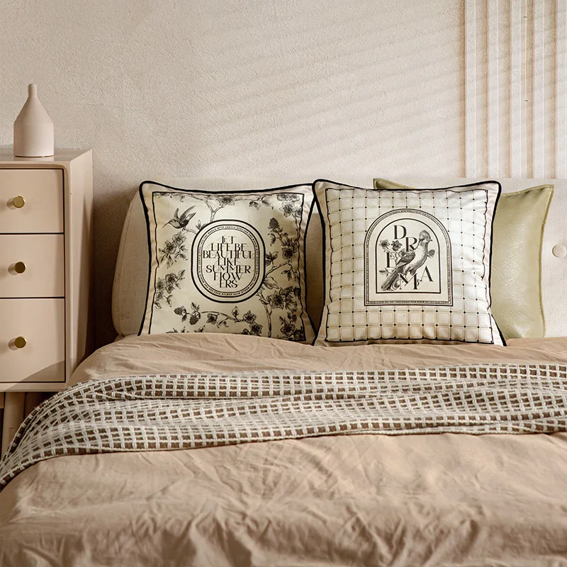 Beige Decorative Throw Pillow Cover, Bird Dream Pillowcase, Home Decoration, Sofa Couch, Car, Wabi Sabi, 45cm, 18x18 Inch