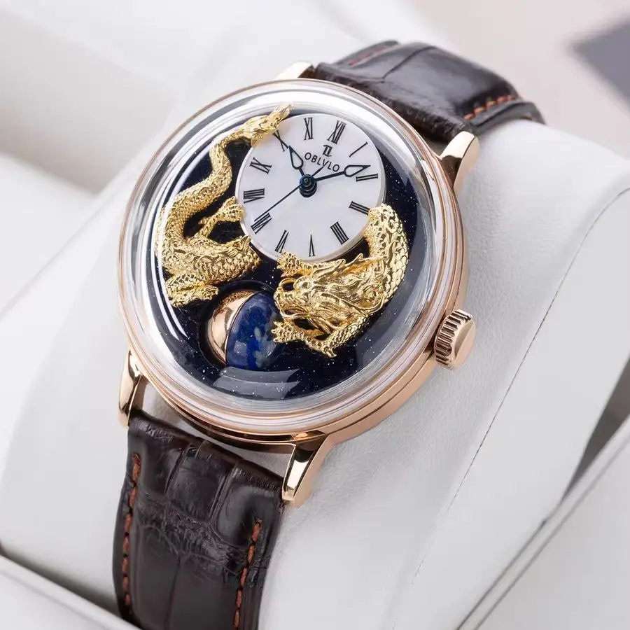 OBLVLO Men Automatic Watch Luxury 42MM Mechanical Wristwatch Luminous Waterproof Bubble Sapphire Mirror Rotatable 24 Hours Ball