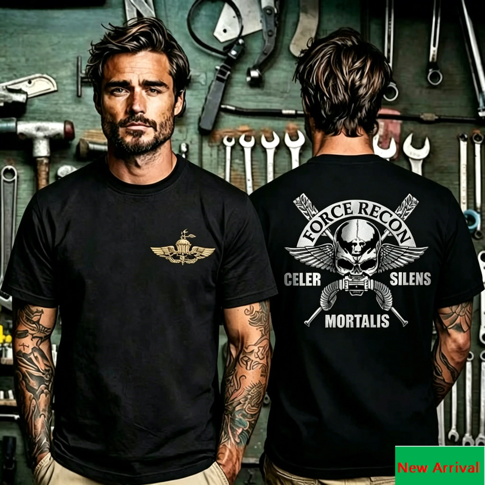 Force Recon Winged Skull with Latin Words Front Back Graphic Print T Shirt, Retro Marine Tactical Design Unisex T Shirt