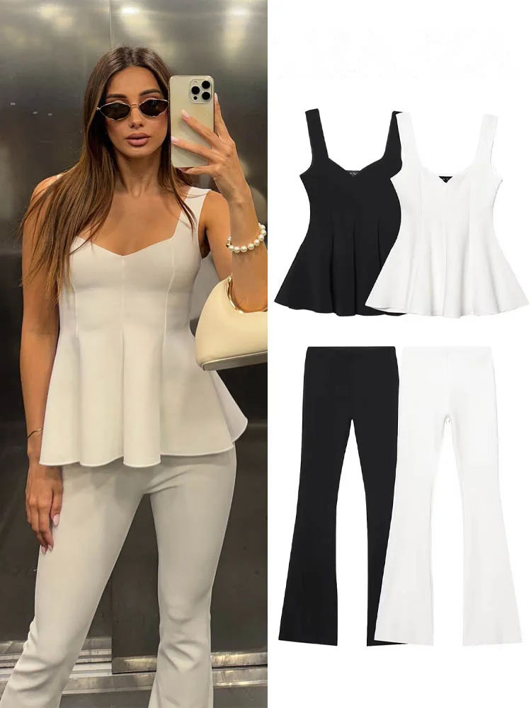 HH Women 2 Piece Set Chic Hem Folds Solid Sleeveless Wide Shoulder Strap Top+Fashion High Waist Elasticity Flare Trousers