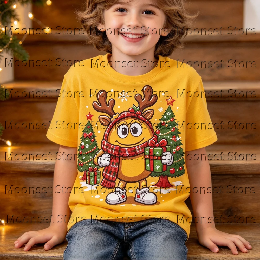 Kids Christmas Short Sleeve T-Shirt chocolate chips  Cute Cartoon Reindeer Character Gift Box Xmas Tree Holiday Crew Neck Tops