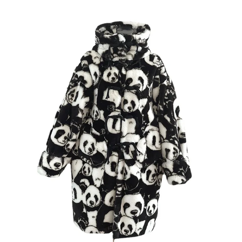 Women Faux Fur Coats Hooded Full Sleeve Print Splice Open Stitch Long Coat Thick Warm Horn Button Jackets Winter Outerwear